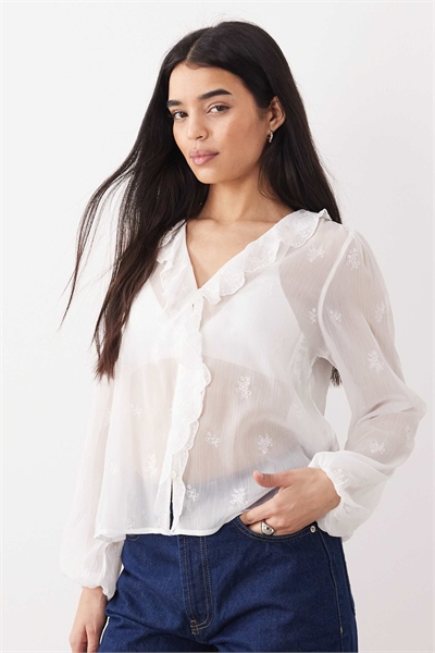 Блузка свободного кроя с длинными рукавами и рюшами спереди артикул 155541541