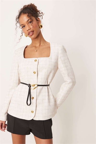 Блейзер из букле с круглым вырезом и поясом артикул 139922983