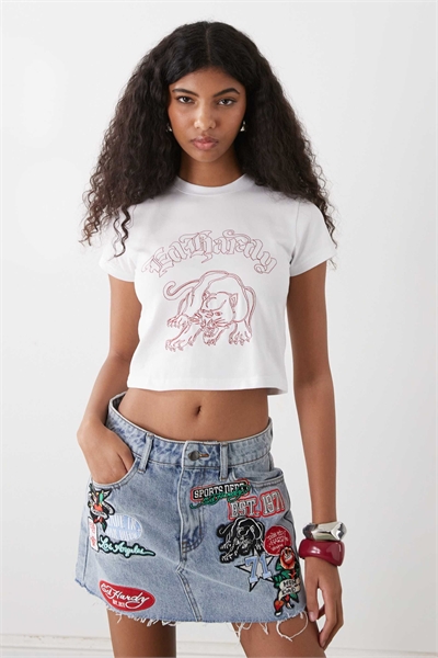 Мини-юбка из джинсовой ткани с несколькими нашивками артикул 154273749