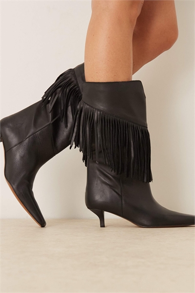 Кожаные ботинки до колен с бахромой цвета кармин артикул 147379088