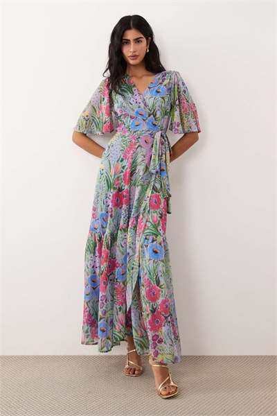 Макси-платье с рукавами-крылышками, юбкой-парео и завязкой на талии артикул 153329831