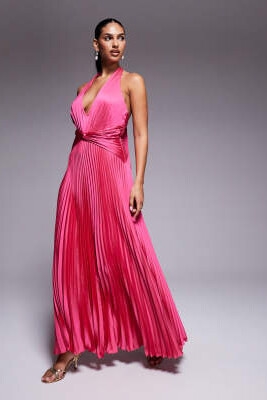 Макси-платье из атласа с глубоким вырезом и завязками на шее артикул 153251599