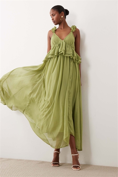 Макси-платье из шифона с оборками на бретелях артикул 154746606