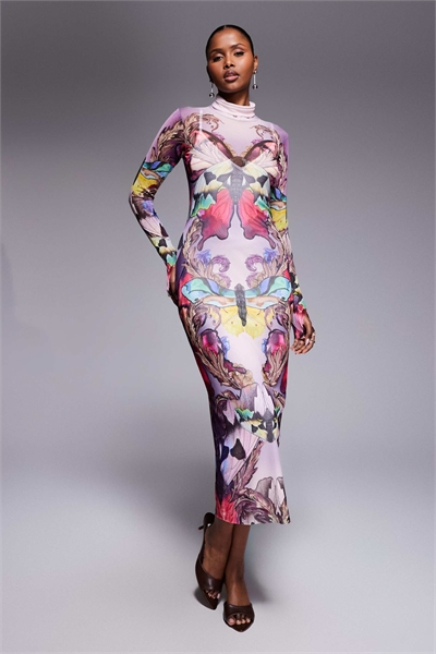 Платье-миди с длинными рукавами, высоким воротником и сетчатой вставкой от Shailene артикул 153786016