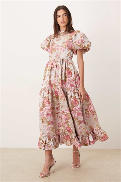 Платье средней длины Dream Sister Jane Almost Bloom с жакардовым принтом, буфчатыми рукавами и многослойным рюшевым подолом артикул 154902691