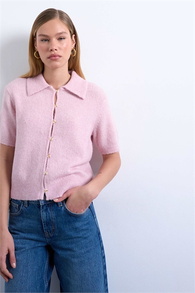 Вязаный кардиган с воротником и короткими рукавами артикул 149629144