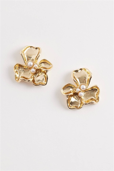 Миниатюрные серьги-гвоздики с цветком и искусственной жемчужиной в центре артикул 155174030