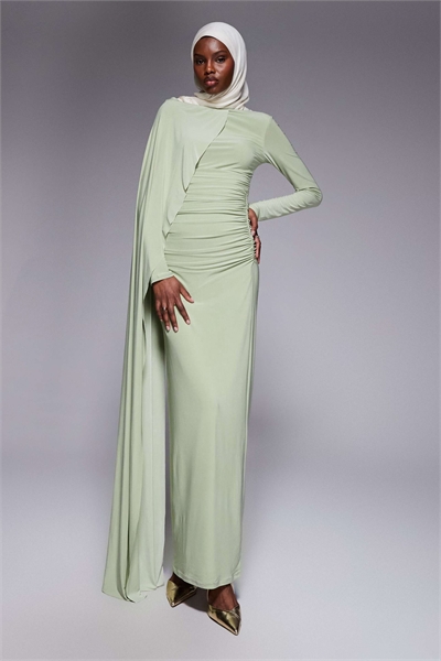 Макси-платье с длинными рукавами, драпировкой и рюшами артикул 155426440