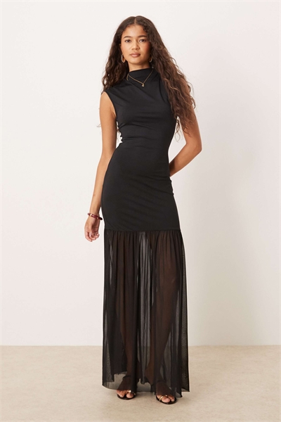 Макси-платье с высоким воротником и юбкой из сетки артикул 150045540