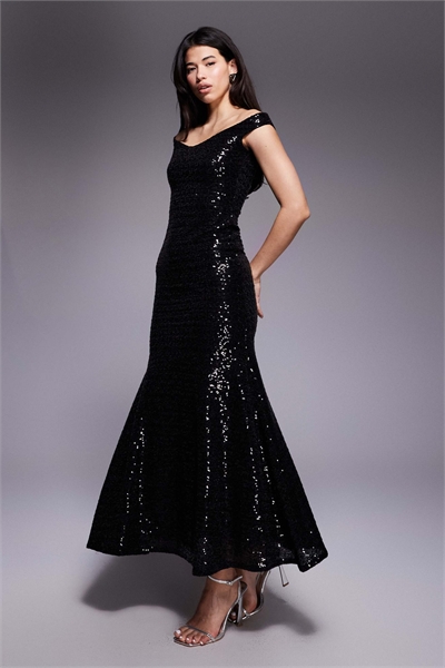 Макси-платье с пайетками и открытыми плечами артикул 153910149