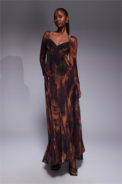 Макси-платье с длинными рукавами из сетчатого материала с принтом и открытыми швами артикул 151261865