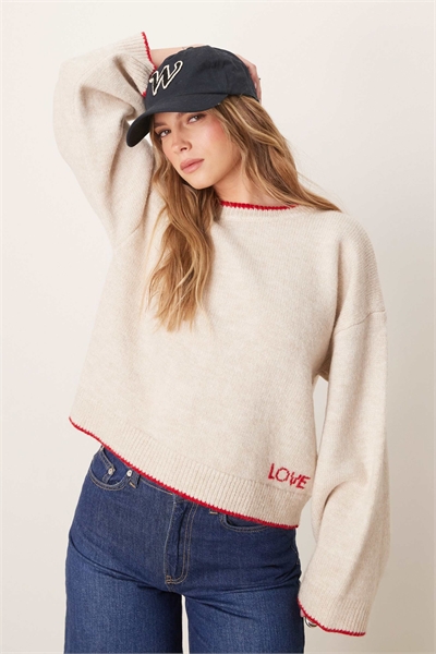 Вязаный свитер с контрастной отстрочкой и вышивкой артикул 142295254