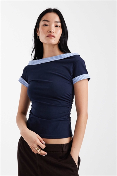 Гибридный топ с заниженной линией плеч и полосатым поплиновым подолом артикул 155638330