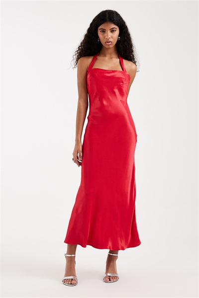 Макси-платье из атласа с завязками на шее артикул 155335727