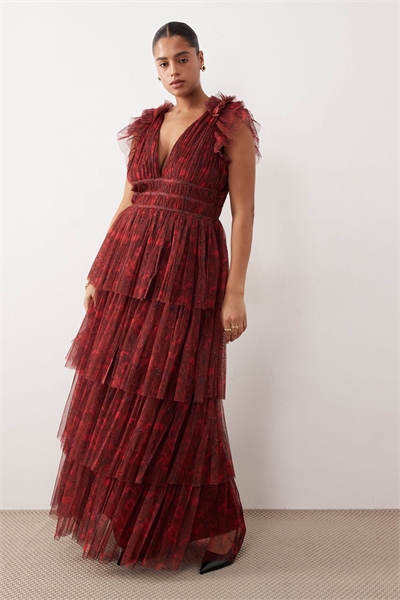 Макси-платье с тюлевыми рукавами-крылышками, глубоким вырезом и многослойным силуэтом артикул 153787682