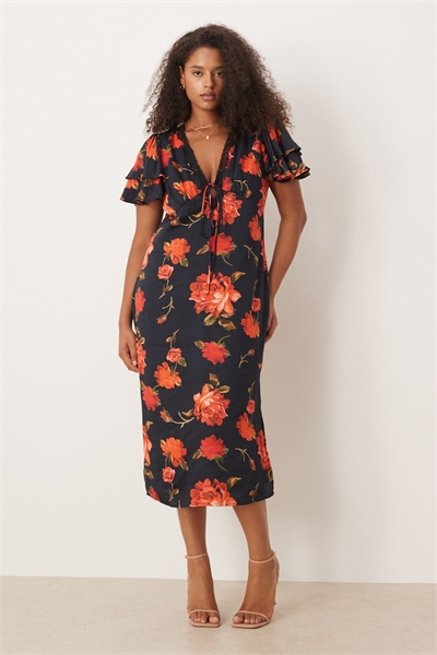 Платье-миди с V-образным вырезом и рукавами с оборками артикул 148191916