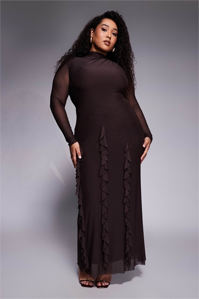 ASOS DESIGN Curve: макси-платье с длинными рукавами из сетчатого материала и юбкой с воланами в виде водопада артикул 151451326