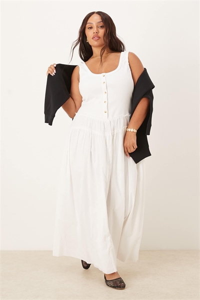 ASOS DESIGN: макси-платье с лифом из ребристой ткани с вырезом и пуговицами и юбкой из поплина артикул 142741729