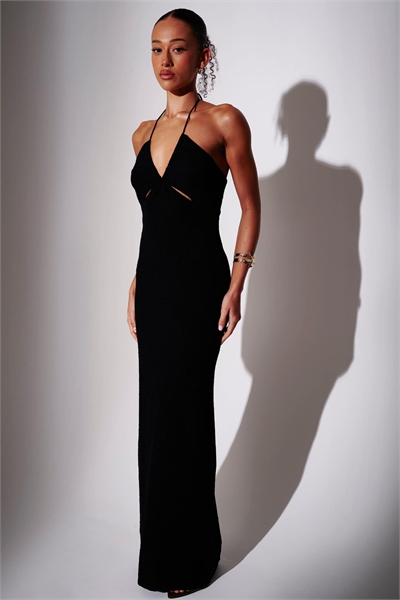 Длинное платье из трикотажа с вырезом на шее и завязками за головой артикул 155447035