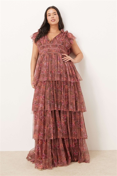 Макси-платье с воланами на плечах и многослойным силуэтом артикул 146699352