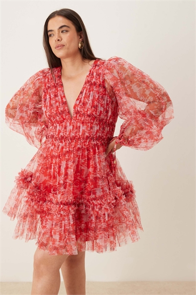 Мини-платье из органзы с рукавами-балонами артикул 147791250