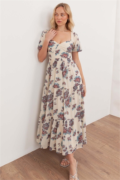 Платье средней длины с цветочным принтом, вырезом «сердце» и буффами артикул 154896354