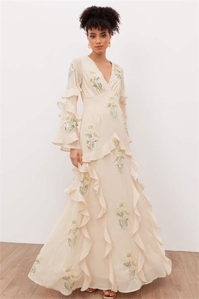 Макси-платье с длинными рукавами и оборками артикул 154610636