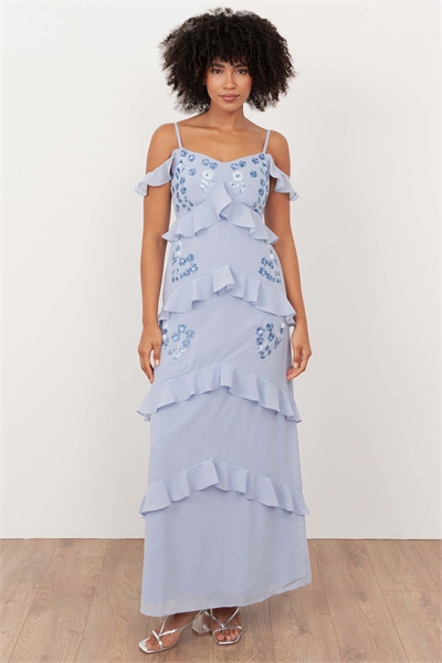 Макси-платье с открытыми плечами и цветочной вышивкой артикул 154345897