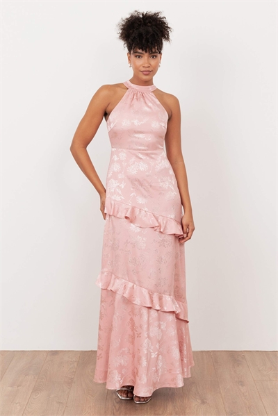 Макси-платье из атласа с цветочным жаккардовым узором и завязками на шее артикул 154345848