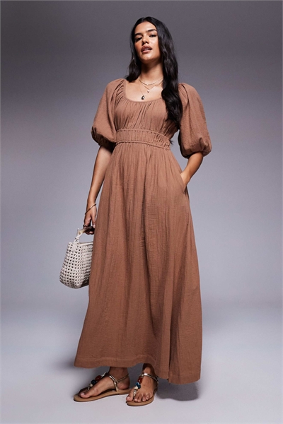 Платье-миди с пышными рукавами из льна цвета камень артикул 143766494