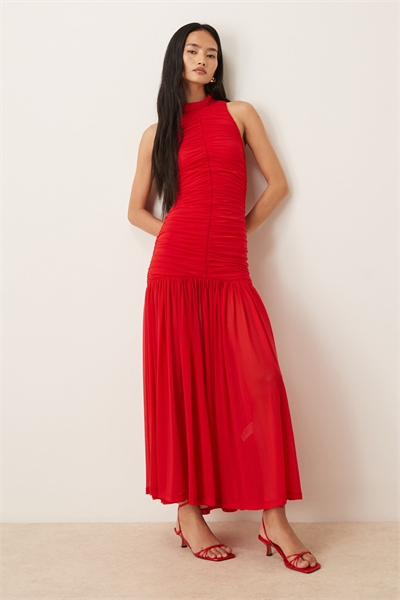 Макси-платье Orlana без рукавов с высоким воротником, заниженной талией и сборками из сетчатого материала артикул 153526165