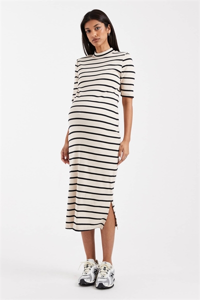 Мамалишиозное платье для беременных с высоким воротником и полурукавами кремового цвета с черной полоской артикул 153079957