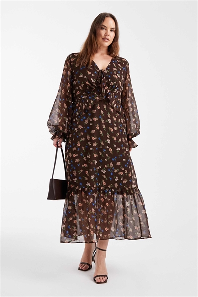 Платье New Look Curve с длинными рукавами и мелким узором коричневого цвета артикул 152233317