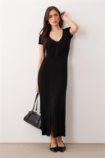 Черное платье с завязками на талии и пуговицами спереди артикул 154607508