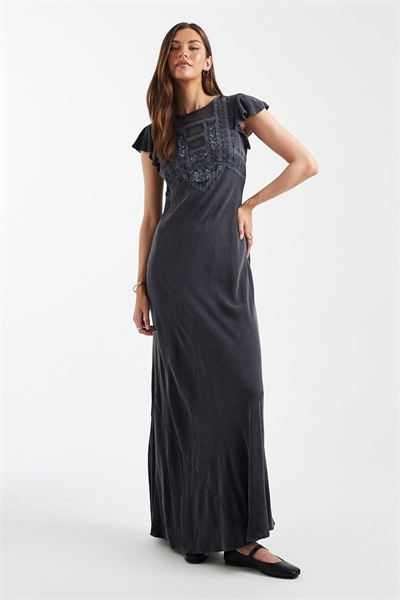 ASOS DESIGN Длинное платье с высоким воротником, рукавами с оборками и кружевными вставками, цвет «вымытый темно-синий» артикул 152317762