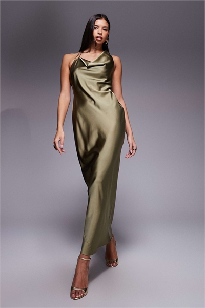 Асимметричное макси-платье из атласа с одним плечом, цвет хаки артикул 153492779