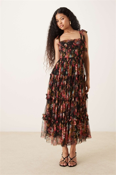 Платье средней длины с завязками на плечах из тюля артикул 154401413