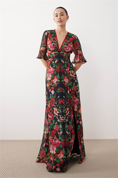 Макси-платье с оборками на рукавах, разрезом на бедре и открытой спиной артикул 153362512