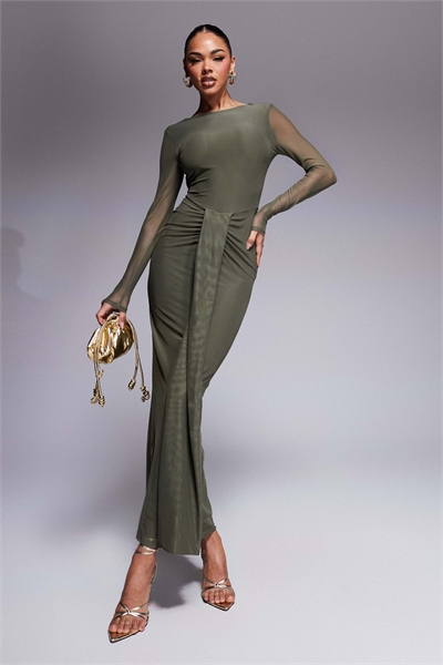 Макси-платье из сетчатого материала с длинными рукавами, V-образным вырезом, открытой спиной и поясом артикул 142353285