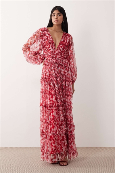 Макси-платье с глубоким V-образным вырезом и прозрачными рукавами-колокольчиками артикул 152319630