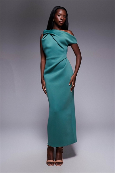 Платье средней длины с одним плечом и драпировкой на шее из ткани цвета морской волны в стиле скайдайвинг артикул 150777556