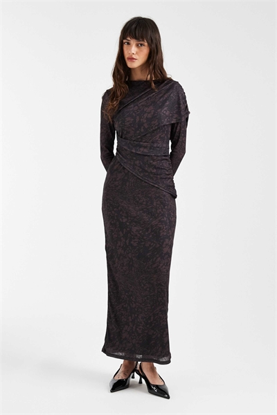 Платье-миди с длинными рукавами и обертывающим декором, коричневого цвета с животным принтом артикул 154315109
