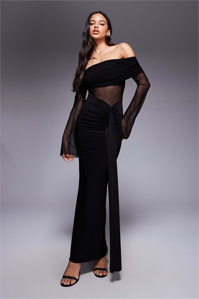 Эксклюзивное макси-платье с двуслойной юбкой, облегающим кроем, откидным верхом, прозрачными вставками и рюшами артикул 152557012