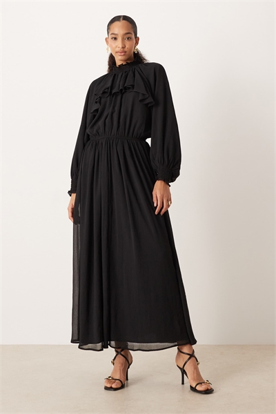Макси-платье из шифона с высоким воротником и рюшами, черного цвета артикул 151221461