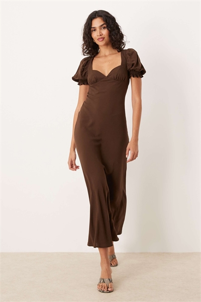 Платье-миди с пуховыми рукавами и пуговицами, шоколадного цвета артикул 149922514