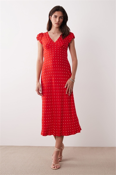 Платье-миди с рукавами-крылышками, V-образным вырезом и красным гороховым принтом артикул 153883294