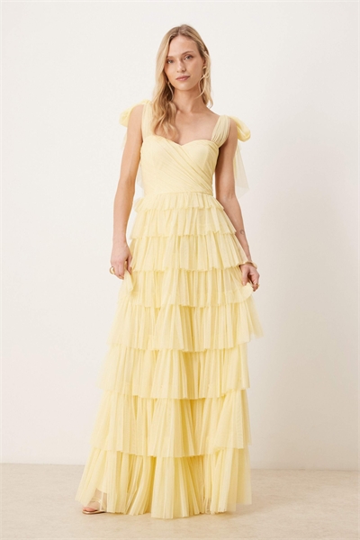 Макси-платье из тюля с бантиком на плече для подружки невесты, лимонного цвета артикул 154401425