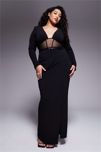 ASOS DESIGN Curve длинное платье с поясом и сетчатыми вставками, черного цвета артикул 151639018