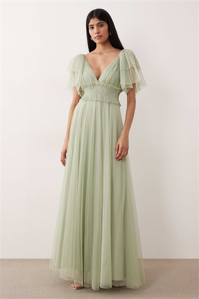 Макси-платье для подружки невесты из тюля с расклешенными рукавами и сборками на талии артикул 152319619