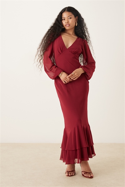 Макси-платье с длинными рукавами и оборками по низу артикул 153787688